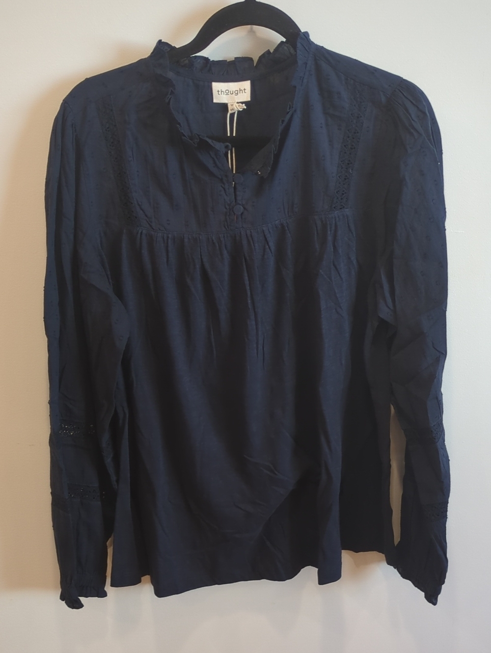 Cottage Prairie Romantic Boho Thought Navy Blue Cotton Textured Blouse US 12